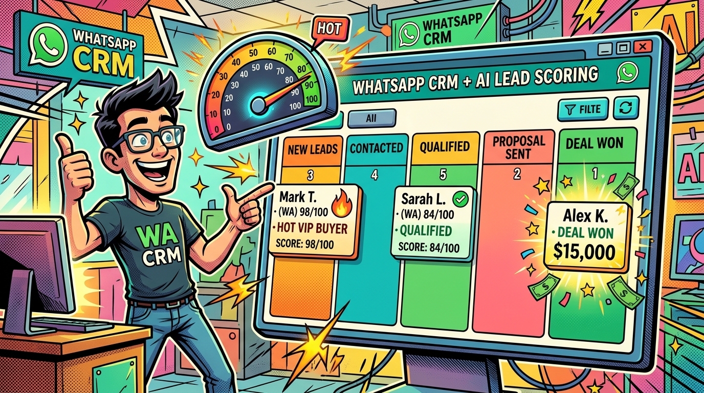 WhatsApp CRM Lead Scoring Comic Illustration